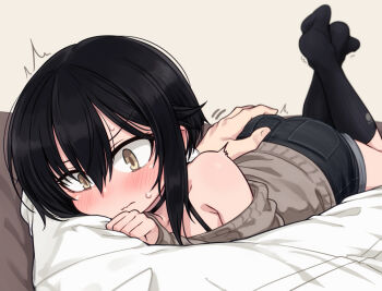 1boy 1girl ^^^ bare_shoulders black_hair black_shorts black_socks blurry blush brown_eyes brown_sweater closed_mouth commentary_request denim denim_shorts depth_of_field grabbing_another's_ass groping hair_between_eyes indoors kneehighs legs_up long_sleeves looking_at_viewer lying no_shoes null_(nyanpyoun) off_shoulder on_stomach original short_hair shorts sleeves_past_wrists socks surprised sweatdrop sweater wavy_mouth