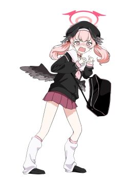 1girl bag beret black_bag black_cardigan black_hat black_shoes black_wings blue_archive blush cardigan commentary cu_cu_cu full_body halo hands_up hat head_wings highres koharu_(blue_archive) long_hair long_sleeves loose_socks miniskirt neckerchief open_mouth pink_eyes pink_hair pink_halo pink_neckerchief pleated_skirt purple_skirt sailor_collar shoes shoulder_bag simple_background skirt socks solo twintails white_background white_sailor_collar white_socks wings