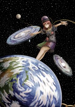 Rule 34 | 1girl, absurdres, acrylic paint (medium), black shirt, chain, commentary request, earth (ornament), frills, galaxy, hecatia lapislazuli, highres, medium hair, moon (ornament), multicolored skirt, painting (medium), pandemonicka, plaid clothes, plaid skirt, red eyes, red hair, shirt, short sleeves, skirt, solo, space, t-shirt, touhou, traditional media, underworld (ornament), watercolor (medium)