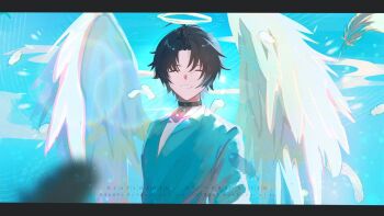 1boy alternate_costume angel_wings asaba_harumasa black_choker black_hair blue_jacket blue_sky choker closed_eyes collarbone commentary english_commentary falling_feathers feathered_wings feathers grin halo highres jacket letterboxed male_focus parted_bangs pendant_choker piyansuke short_hair sky smile solo white_wings wings zenless_zone_zero