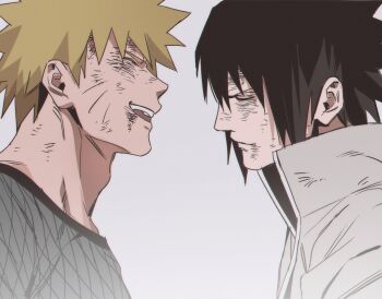 2boys black_hair blonde_hair bruise bruise_on_face closed_eyes closed_mouth dirty dirty_face fishnet_top fishnets furrowed_brow hair_between_eyes highres injury light_smile male_focus multiple_boys naruto_(series) naruto_shippuuden nnnhhhhh19 open_mouth popped_collar shirt short_hair smile spiked_hair uchiha_sasuke upper_body uzumaki_naruto white_shirt