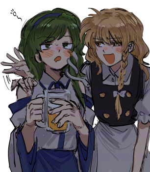 2girls :d :o absurdres alcohol ame_iru apron bare_shoulders beer black_vest blonde_hair blue_hairband blue_skirt blush_stickers braid collared_shirt cup detached_sleeves dot_nose drooling drunk frog_hair_ornament green_eyes green_hair hair_ornament hairband highres holding holding_cup kirisame_marisa kochiya_sanae long_hair long_sleeves looking_at_another mouth_drool multiple_girls no_headwear open_mouth shirt short_sleeves simple_background single_braid skirt skirt_set sleeveless sleeveless_shirt smile snake_hair_ornament squeans sweat touhou upper_body vest white_apron white_background white_shirt wide_sleeves wing_collar yellow_eyes