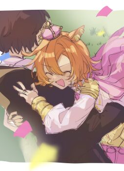 Rule 34 | 1boy, 1girl, amano (amano miko), animal ears, armor, blush, brown coat, brown hair, cape, closed eyes, coat, commentary request, crown, from above, gold armor, gold vambraces, grass, hair between eyes, happy, highres, horse ears, horse girl, hug, long sleeves, mini crown, official alternate costume, orange hair, outdoors, pink cape, pink crown, t.m. opera o (o sole suo!) (umamusume), t.m. opera o (umamusume), trainer (umamusume), umamusume, unfinished