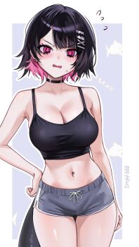 1girl alternate_costume artist_name bare_shoulders black_choker black_hair blush breasts choker cleavage collarbone colored_inner_hair commentary cowboy_shot dolphin_shorts ellen_joe english_commentary fins fish_tail flying_sweatdrops grey_shorts hand_on_own_hip highres large_breasts looking_at_viewer midriff multicolored_hair navel ompf parted_lips pink_eyes pink_hair shark_girl shark_tail short_hair shorts solo tail thigh_gap thighs v-shaped_eyebrows zenless_zone_zero