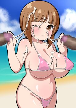 Rule 34 | 1girl, 2boys, beach, bikini, blush, breasts, brown eyes, brown hair, bukkake, censored, cum, cum on body, cum on breasts, cum on hair, cum on upper body, cum string, ejaculation, facial, girls und panzer, handjob, hetero, large breasts, multiple boys, navel, nishizumi miho, one eye closed, outdoors, penis, shimizu 001, swimsuit