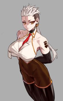 1girl arms_behind_back black_boots black_sleeves boots breasts cleavage_cutout clothing_cutout collared_shirt commentary detached_sleeves english_commentary genderswap genderswap_(mtf) grey_background highres necktie pantyhose podobrick ponytail primarch red_necktie rogal_dorn shirt shoulder_tattoo sleeveless sleeveless_shirt solo tattoo thigh_boots undercut warhammer_40k white_hair white_shirt yellow_eyes