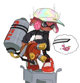 1girl ^^^ baseball_cap black_pants commentary_request dark-skinned_female dark_skin full_body grate grey_eyes gun hat holding holding_gun holding_weapon hydra_splatling_(splatoon) ikki_(gsl_9708) inkling inkling_(swim_form) inkling_girl inkling_player_character korean_commentary nintendo pants pink_hair red_shoes shoes short_hair solo speech_bubble splatoon_(series) splatoon_3 squid standing sweat tentacle_hair thick_eyebrows thought_bubble torn_clothes torn_pants wavy_mouth weapon