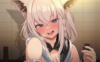 1girl :d animal_ear_piercing animal_ears bare_shoulders blue_eyes blurry blurry_background blush braid breasts choko_(cup) cleavage commentary crossed_bangs cup detached_sleeves double-parted_bangs fox_ears fox_girl hair_between_eyes highres holding holding_cup hololive hood hooded_vest hoodie indoors kumarang open_mouth shadow shirakami_fubuki shirakami_fubuki_(1st_costume) side_braid sidelocks single_braid smile solo teeth tile_wall tiles upper_teeth_only vest virtual_youtuber white_hair