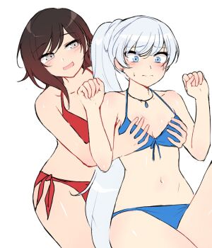 2girls bikini black_hair blue_bikini blue_eyes blush breasts cleavage front-tie_top grabbing_another&#039;s_breast grey_eyes groping highres jewelry multiple_girls ndgd necklace red_bikini red_hair ruby_rose rwby side-tie_bikini_bottom silver_hair swimsuit weiss_schnee yuri
