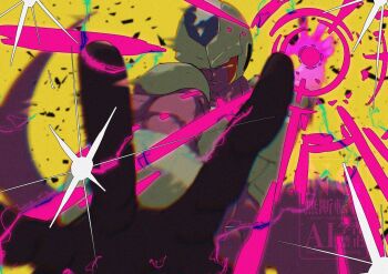 1boy colored_skin cooler_(dragon_ball) dragon_ball dragonball_z glowing glowing_eyes highres male_focus purple_skin red_eyes solo stktik09060906 watermark yellow_background