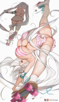 1girl acrobatics aqua_gloves blurry breasts cinderella_(nikke) elbow_pads fingerless_gloves from_behind gloves goddess_of_victory:_nikke greatodoggo handstand highres large_breasts long_hair multiple_views one_arm_handstand patreon_username pink_skirt roller_skates skates skating skirt solo striped_clothes striped_skirt thighhighs twintails vertical-striped_clothes vertical-striped_skirt white_skirt white_thighhighs