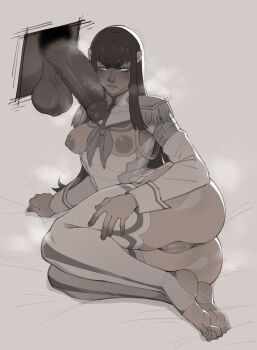 1boy 1girl absurdres ass blue_eyes blush breasts breasts_out closed_mouth dark-skinned_male dark_skin epaulettes feet frown full_body girthy_penis hair_ornament hand_on_own_thigh hetero highres huge_penis jsq012 kill_la_kill kiryuuin_satsuki large_areolae legs long_hair long_sleeves looking_at_viewer monochrome no_panties no_shoes penis pussy sidelocks sitting skindentation small_breasts soles spot_color stirrup_legwear testicles thick_eyebrows toeless_legwear toes uncensored v-shaped_eyebrows veins veiny_penis very_long_hair yokozuwari