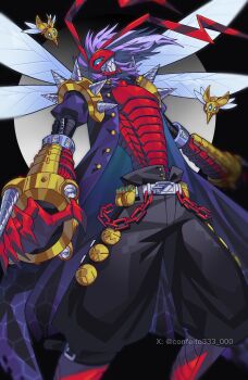 Rule 34 | 1boy, banchostingmon, banchou, black coat, black pants, blue eyes, bug, coat, confeito000 333, cowboy shot, delinquent, digimon, digimon (creature), gauntlets, highres, long hair, male focus, pants, purple hair, shoulder spikes, solo, spikes, twitter username
