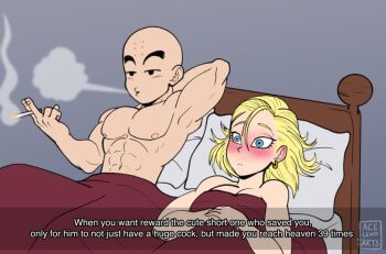 1boy 1girl abs acelewdarts aftersex android_18 bald bald_male bed blonde_hair blue_eyes blush breasts cleavage couple dragon_ball dragon_ball_z_abridged embarrassed english_text husband_and_wife kuririn muscular muscular_male nipples pectorals smoking