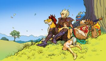 aerith_gainsborough aerith_gainsborough_(supreme_sage_garb) animal armor armored_boots bare_shoulders black_pants blonde_hair blue_sky boots brown_hair circlet claws cloak closed_mouth cloud_strife cloud_strife_(erdrick&#039;s_armour) cosplay dress elbow_gloves erdrick&#039;s_sword falling_petals final_fantasy final_fantasy_vii final_fantasy_vii_ever_crisis fire flame-tipped_tail full_body gem gloves green_cloak herzenreine high_heel_boots high_heels light_smile long_hair official_alternate_costume open_mouth outdoors pants parted_bangs pauldrons petals red_cloak red_gemstone red_xiii red_xiii_(great_sabrecat) sack sage_(dq3) sage_(dq3)_(cosplay) scroll short_dress short_hair shoulder_armor sitting sky slime_(creature) slime_(dragon_quest) smile spiked_hair spotted_fur tail tree under_tree white_dress yellow_boots yellow_gloves