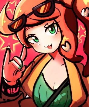 1girl \n/ aqua_eyes aqua_nails aqua_shirt black-framed_eyewear breasts brown_coat cleavage coat collarbone commentary_request eyewear_on_head hair_ornament heart heart_hair_ornament kayucha_(xnsushi) medium_breasts nintendo orange-tinted_eyewear orange_hair pokemon pokemon_swsh ribbed_shirt shirt side_ponytail side_ponytail_with_hair_base smile solo sonia_(pokemon) sunglasses swept_bangs tinted_eyewear upper_body v-neck wavy_mouth