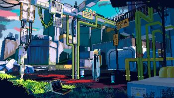 1girl animated animated_gif apo_(rairaru20001) black_boots blonde_hair blue_sky boots briefcase coat day green_eyes holding holding_tablet_pc lab_coat long_hair long_sleeves looking_away open_clothes open_coat original outdoors pinwheel pixel_art ripples scenery sky solo standing tablet_pc water