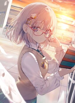 Rule 34 | 1girl, a20 (atsumaru), alt text, blue eyes, blush, book, brown sweater vest, collared shirt, commentary request, evening, glasses, green necktie, grey hair, highres, holding, holding book, long sleeves, looking at viewer, necktie, open book, original, outdoors, parted lips, red-framed eyewear, school uniform, shirt, short hair, solo, sunset, sweater vest, upper body, white shirt