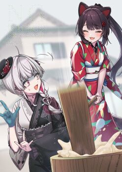 Rule 34 | animal ears, closed eyes, commentary request, dog ears, dog girl, dog tail, fangs, food, gloves, grey eyes, grey hair, hat, heterochromia, highres, inui toko, ishigami nozomi, japanese clothes, kimono, long hair, makamu, mallet, mochi, mochitsuki, mortar (bowl), multicolored hair, nijisanji, open mouth, pink hair, ponytail, red eyes, scared, side ponytail, single glove, smile, streaked hair, tail, virtual youtuber