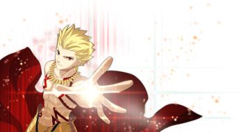 1boy abs armor blonde_hair body_markings earrings fate/grand_order fate_(series) gilgamesh_(fate) highres jewelry looking_at_viewer male_focus necklace official_art outstretched_hand red_eyes second-party_source short_hair smile solo takeuchi_takashi toned toned_male topless_male transparent_background upper_body