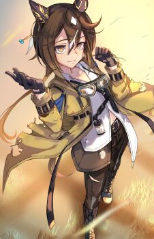 1girl animal_ears asymmetrical_shirt black_boots black_gloves black_pants boots brown_eyes brown_hair clenched_hand closed_mouth coat collarbone commentary_request compass ear_covers gloves goggles goggles_around_neck hair_between_eyes highres horse_ears horse_girl horse_tail kanihara_hitori knife knife_sheath long_hair looking_at_viewer multicolored_hair navel pants sheath shirt solo stay_gold_(sunlit_outsider)_(umamusume) stay_gold_(umamusume) tail torn_clothes torn_coat umamusume white_hair white_shirt wrist_belt yellow_coat