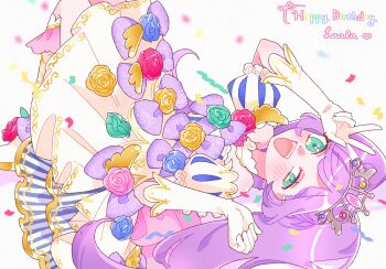 1girl :d blue_flower blue_rose character_name commentary confetti dress flower gloves half-closed_eye hands_up happy_birthday highres knees_up long_hair looking_at_viewer lying manaka_laala on_back open_mouth pink_flower pink_rose pretty_series pripara puffy_short_sleeves puffy_sleeves purple_hair rose shiono_soma short_sleeves smile solo tiara twintails uneven_eyes v very_long_hair white_background white_dress white_gloves yellow_flower yellow_rose