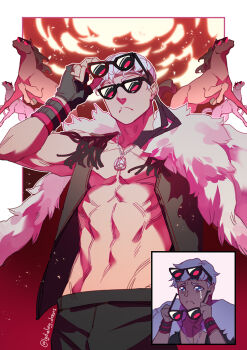 1boy :&lt; abs animal black_gloves black_jacket black_pants character_request closed_mouth commentary copyright_request cowboy_shot crying crying_with_eyes_open english_commentary explosion explosion_background extra_eyewear facing_viewer fingerless_gloves fur-trimmed_jacket fur_trim gloves grey_hair hand_up horse jacket jewelry lydialing_draws male_focus multiple_views muscular muscular_male necklace open_clothes open_jacket pants pectorals short_hair sunglasses tears