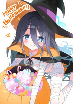 1girl absurdres aris_(blue_archive) bandages blue_archive blue_eyes breasts candy food halloween halo happy_halloween hat highres long_hair mummy_costume piyon_(pyon_piiii) small_breasts smile solo witch_hat