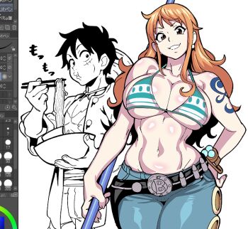 1boy 1girl art_program_in_frame bangle bare_shoulders belly belt belt_buckle bikini bikini_top_only black_hair blue_pants bowl bracelet breasts brown_eyes buckle chopsticks cleavage collarbone commentary cowboy_shot curvy denim earrings eating facial_scar green_bikini halterneck hand_on_own_hip hat holding holding_bowl holding_chopsticks holding_staff jeans jewelry large_breasts log_pose long_hair looking_at_viewer monkey_d._luffy nami_(one_piece) navel one_piece open_clothes open_shirt orange_hair osa_(osavocaloid) pants parted_lips pearl_earrings scar scar_on_cheek scar_on_chest scar_on_face shoulder_tattoo sidelocks simple_background smile staff stomach straw_hat swimsuit symbol-only_commentary tattoo underboob unworn_hat unworn_headwear wavy_hair white_background wide_hips