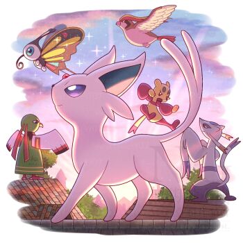 beautifly commentary_request espeon flying forked_tail gen_1_pokemon gen_2_pokemon gen_3_pokemon gen_5_pokemon jumping mienfoo mienshao nintendo no_humans on_roof open_mouth pidgeot pokemon pokemon_(creature) pokemon_focus purple_eyes rooftop smile tail walking wataame4907 xatu