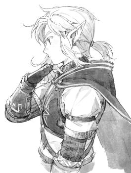 Rule 34 | 1boy, armor, cape, closed mouth, commentary request, cropped torso, fingerless gloves, from side, gloves, greyscale, layered sleeves, link, long sleeves, male focus, monochrome, nintendo, pointy ears, ponytail, profile, renyuu, short over long sleeves, short ponytail, short sleeves, shoulder armor, shoulder belt, sidelocks, solo, the legend of zelda, the legend of zelda: tears of the kingdom