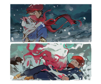 1boy black_shirt blue_jacket border closed_mouth cloud evolutionary_line floating_scarf hat hisuian_zoroark hisuian_zorua jacket logo lying male_focus maumaujanken night nintendo one_eye_closed outdoors pants pokemon pokemon_(creature) pokemon_in_clothes pokemon_legends:_arceus red_hat red_scarf rei_(pokemon) scarf shirt shoes short_hair sky snow snowing white_border