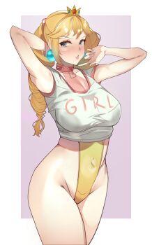 0regano 1girl alternate_breast_size_(larger) armpits arms_up bare_legs bimbo_peach blonde_hair blue_eyes blush borrowed_design breasts choker cleavage covered_navel cowboy_shot crown earrings highres jewelry large_breasts long_hair mario_(series) nintendo princess_peach print_shirt shadow shirt spiked_choker spikes twintails white_shirt