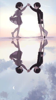 1boy 1girl barefoot black_hair cast commentary_request couple crescent_moon crutch full_body gakuran highres holding_hands moon ocean original reflection school_uniform serafuku short_hair skirt smile takanashi_atashi water