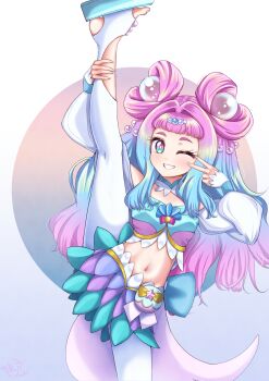 1girl absurdres akajiyuuki aqua_eyes aqua_hair aqua_nails blush breasts cure_la_mer detached_collar gradient_eyes gradient_hair highres laura_la_mer layered_skirt leg_up long_hair long_sleeves looking_at_viewer medium_breasts multicolored_eyes multicolored_hair navel pantyhose pearl_hair_ornament pink_eyes pink_hair precure sandals skirt smile solo split standing standing_on_one_leg standing_split stomach tropical-rouge!_precure v very_long_hair white_pantyhose white_sleeves