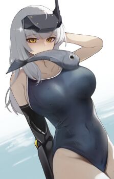 1girl absurdres afterimage alternate_costume arm_up bare_shoulders blue_one-piece_swimsuit breasts collarbone commentary_request covered_navel cowboy_shot fish_in_mouth goddess_of_victory:_nikke hair_between_eyes head-mounted_display highres large_breasts long_hair looking_at_viewer mechanical_arms one-piece_swimsuit sidelocks single_mechanical_arm snow_white_(nikke) solo standing swimsuit visor_(armor) water wet wet_clothes white_hair yakii_(yak11) yellow_eyes