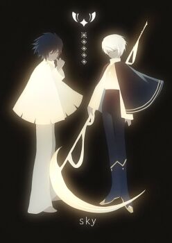 2boys black_background black_cape black_hair black_pants cape closed_eyes death_note english_text full_body gamppan9 grey_pants hair_between_eyes hashtag-only_commentary holding holding_scythe l_(death_note) male_focus multiple_boys pants scythe shirt short_hair standing thumb_to_mouth white_cape white_hair white_shirt yagami_light