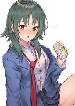 Rule 34 | 1girl, :<, atsuko (minami-ke), black cola, blazer, blue jacket, blue skirt, blush, can, collared shirt, dress shirt, drunk, female focus, fingernails, green eyes, green hair, hand up, head tilt, heart, heart-shaped pupils, highres, holding, holding can, jacket, knee up, long hair, long sleeves, looking at viewer, minami-ke, necktie, nose blush, open clothes, open jacket, parted lips, pleated skirt, red necktie, shirt, sidelocks, simple background, sitting, skirt, solo, squeans, symbol-shaped pupils, triangle mouth, white background, white shirt