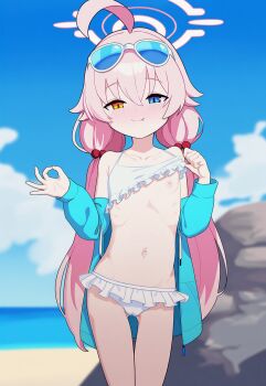 1girl ai-assisted beach bikini blue_archive blue_eyes blush closed_mouth clothes_lift fang fang_out flat_chest frilled_bikini frills halo hateaicringe heterochromia highres hoshino_(blue_archive) hoshino_(swimsuit)_(blue_archive) jacket jacket_partially_removed loli long_hair looking_at_viewer nipples ocean ok_sign one_breast_out outdoors pink_hair sand smile solo standing sunglasses swimsuit thigh_gap yellow_eyes