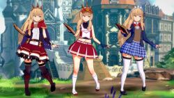 1girl 3d alternate_costume animated bare_shoulders black_thighhighs blonde_hair blue_eyes blue_skirt book boots bouncing_breasts breasts cagliostro_(granblue_fantasy) cape cheerleader dancing granblue_fantasy hairband holding holding_book knee_boots koikatsu_(medium) long_hair mokusheep multiple_views navel red_skirt shoes sidelocks skirt smile smug smug socks spiked_hairband spikes tagme thighhighs thighs video white_socks white_thighhighs