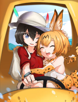 2girls animal_ears animal_print bag black_hair blonde_hair blue_eyes blue_sky blurry blurry_background blurry_foreground bow bowtie breasts car_interior closed_eyes commentary_request dot_nose fang hair_between_eyes hair_ornament hat hat_feather head_hug highres holding_steering_wheel kaban_(kemono_friends) kemono_friends leopard_print looking_at_viewer medium_breasts multiple_girls neck_ribbon one_eye_closed open_mouth red_shirt renze_l ribbon serval_(kemono_friends) shirt short_hair skirt sky small_breasts teeth upper_body upper_teeth_only watch water white_hat white_shirt wristwatch yellow_bow yellow_bowtie yellow_ribbon yellow_skirt