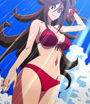 1girl absurdres anime_screenshot bikini breasts brown_eyes brown_hair closed_mouth cowboy_shot female_focus front-tie_bikini_top front-tie_top highres large_breasts long_hair looking_at_viewer nail_polish navel outdoors ponkotsu_fuuki_iin_to_skirt-take_ga_futekisetsu_na_jk_no_hanashi red_bikini red_nails scrunchie smile solo stitched sunlight swimsuit thick_eyebrows thighs third-party_edit very_long_hair wrist_scrunchie yamato_nadeshiko_(ponsuka)