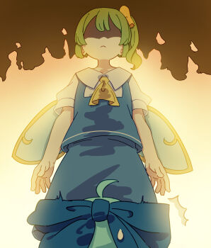 2girls ^^^ absurdres ahoge angry blue_bow blue_hair blue_skirt blue_vest bow cirno daiyousei ears evening flame_print from_below frown fumo_(doll) green_hair hair_bow highres kame_(kamepan44231) light_blue_hair looking_at_another multiple_girls necktie shaded_face shirt side_ponytail simple_background skirt standing sweatdrop touhou vest white_shirt wings yellow_bow yellow_necktie