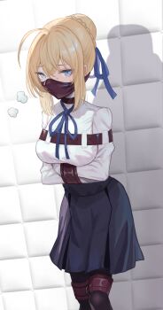 1girl ahoge arms_across_body arms_under_breasts artoria_pendragon_(fate) black_pantyhose blonde_hair blue_eyes blue_skirt bound bound_arms braid braided_bun commentary_request fate_(series) gag gagged hair_bun highres looking_at_viewer mask mouth_mask pantyhose raftetram saber_(fate) skirt solo straitjacket thigh_cuffs