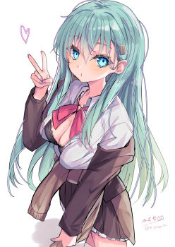 Rule 34 | 1girl, absurdres, black bra, blue eyes, blush, bow, bowtie, bra, breasts, brown jacket, brown skirt, brown sweater, cleavage, clothes around waist, collared shirt, commentary request, cowboy shot, dress shirt, frilled skirt, frills, from above, from side, green hair, hair between eyes, hair ornament, hairclip, heart, highres, hizaka, jacket, kantai collection, long hair, long sidelocks, long sleeves, looking at viewer, medium breasts, one-hour drawing challenge, open clothes, open jacket, open shirt, pleated skirt, red bow, red bowtie, shadow, shirt, sidelocks, signature, simple background, single off shoulder, skirt, solo, suzuya (kancolle), sweater, sweater around waist, thighs, twitter username, underwear, very long hair, white background