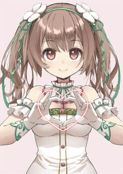 Rule 34 | 1girl, breasts, brown eyes, brown hair, buttons, closed mouth, commentary request, detached collar, double-parted bangs, dress, flower, flower knight girl, frilled shirt collar, frills, gloves, green hairband, hair flower, hair ornament, hair ribbon, hairband, heart, heart hands, highres, impossible clothes, impossible dress, indie virtual youtuber, kintarou (kintarou's room), long hair, looking at viewer, low twintails, medium breasts, osanai nazuna, pink background, ribbon, simple background, smile, solo, straight-on, strapless, strapless dress, twintails, upper body, virtual youtuber, white dress, white gloves