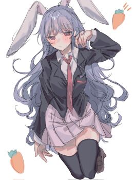 1girl amatukimahoro animal_ears black_jacket black_thighhighs blush carrot commentary highres jacket jitome long_hair looking_at_viewer necktie pink_skirt pleated_skirt purple_hair rabbit_ears rabbit_girl red_eyes red_necktie reisen_udongein_inaba shirt simple_background skirt solo thighhighs touhou white_background white_shirt