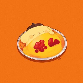 :3 beret brown_hat closed_eyes closed_mouth commentary food hat in_food lying no_humans omelet omurice on_back orange_background plate pompompurin sanrio signature simple_background sleeping solo tenmiyakiyo under_covers