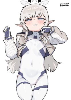 1girl aged_down artist_name blue_archive blush bodysuit covered_navel cowboy_shot cropped_jacket earclip flat_chest gloves grey_eyes grey_hair grin halo himari_(armed)_(blue_archive) himari_(blue_archive) jacket leonat loli long_hair long_sleeves looking_at_viewer mole mole_under_eye open_clothes open_jacket pointy_ears simple_background smile solo white_background white_bodysuit white_hair white_jacket