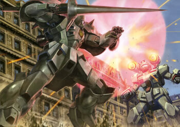 battle beam_shield building crossbone_vanguard damaged debris den&#039;an_zon emblem energy_barrier energy_shield f71_g-cannon firing glowing gundam gundam_f91 gundam_perfect_file kinoshita_tomotake machinery mecha mecha_focus mobile_suit no_humans official_art painting_(medium) realistic robot roundel scan scene_reference science_fiction shot_lancer shoulder_cannon shoulder_spikes sparks spikes traditional_media weapon window